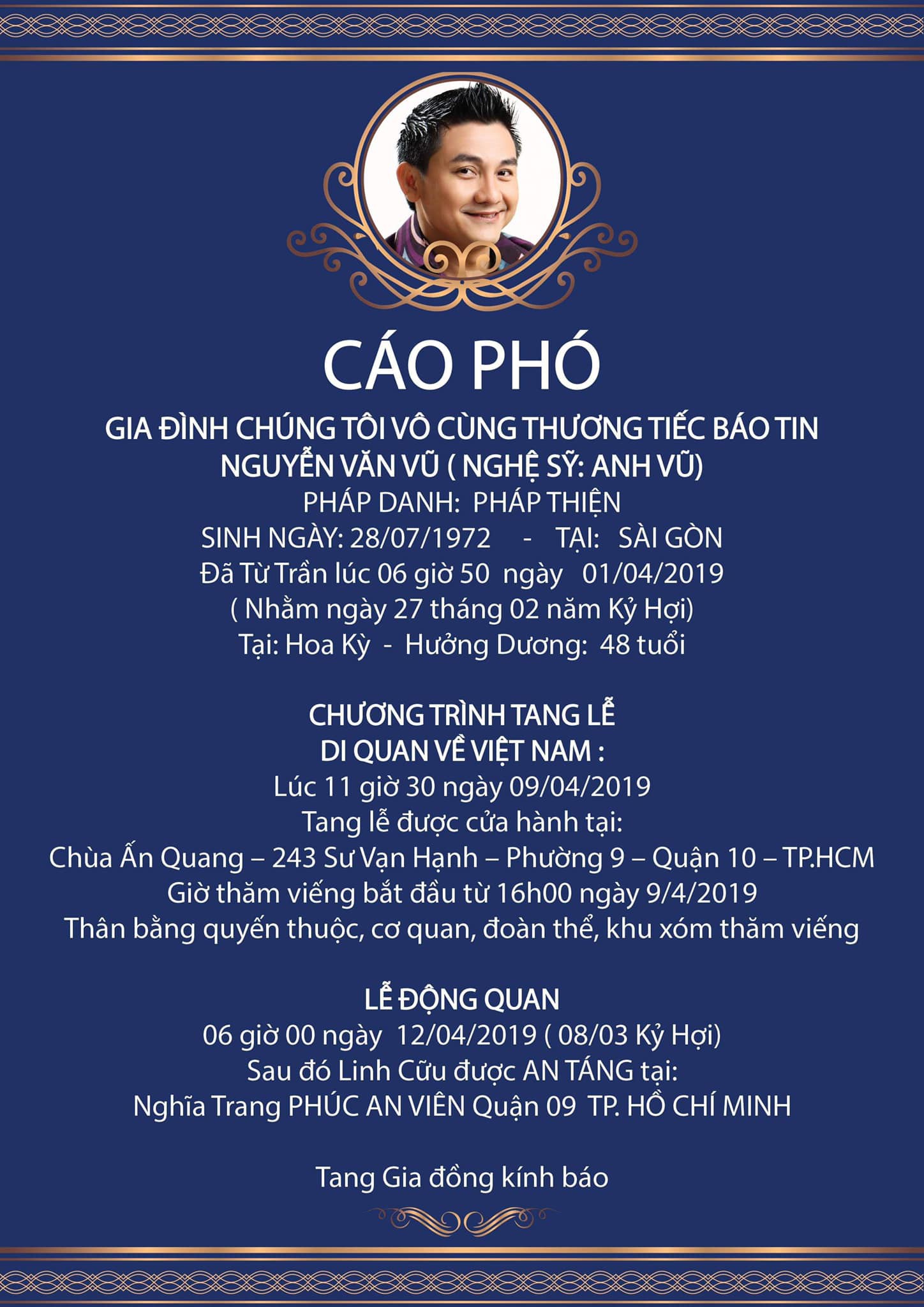 NSND Hồng Vân thay mặt gia đình Anh Vũ thông báo thời gian cử hành tang lễ tại Việt Nam - Ảnh 1. NSND Hồng Vân thay mặt gia đình Anh Vũ thông báo thời gian cử hành tang lễ tại Việt Nam - Ảnh 1.