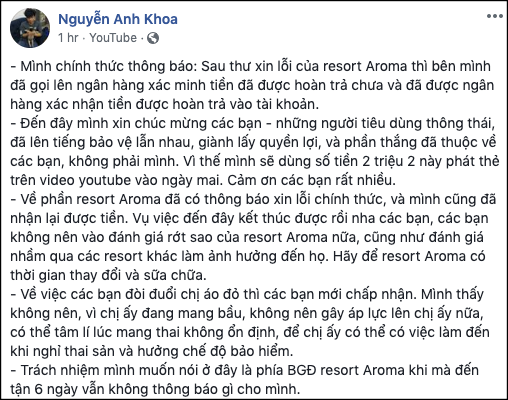 Khoa Pug đã nhận 2,2 triệu hoàn trả từ Aroma, mong cộng đồng không làm áp lực lên nữ lễ tân đang mang bầu - Ảnh 1.