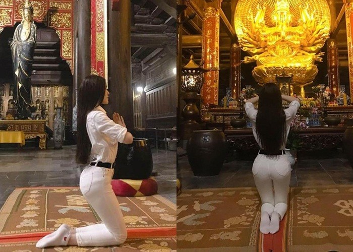 Cựu Á hậu Thư Dung lại khiến cộng đồng mạng nhức mắt, ngán ngẩm vì diện váy ren xuyên thấu vào chùa chụp ảnh - Ảnh 2. Cựu Á hậu Thư Dung lại khiến cộng đồng mạng nhức mắt, ngán ngẩm vì diện váy ren xuyên thấu vào chùa chụp ảnh - Ảnh 2.