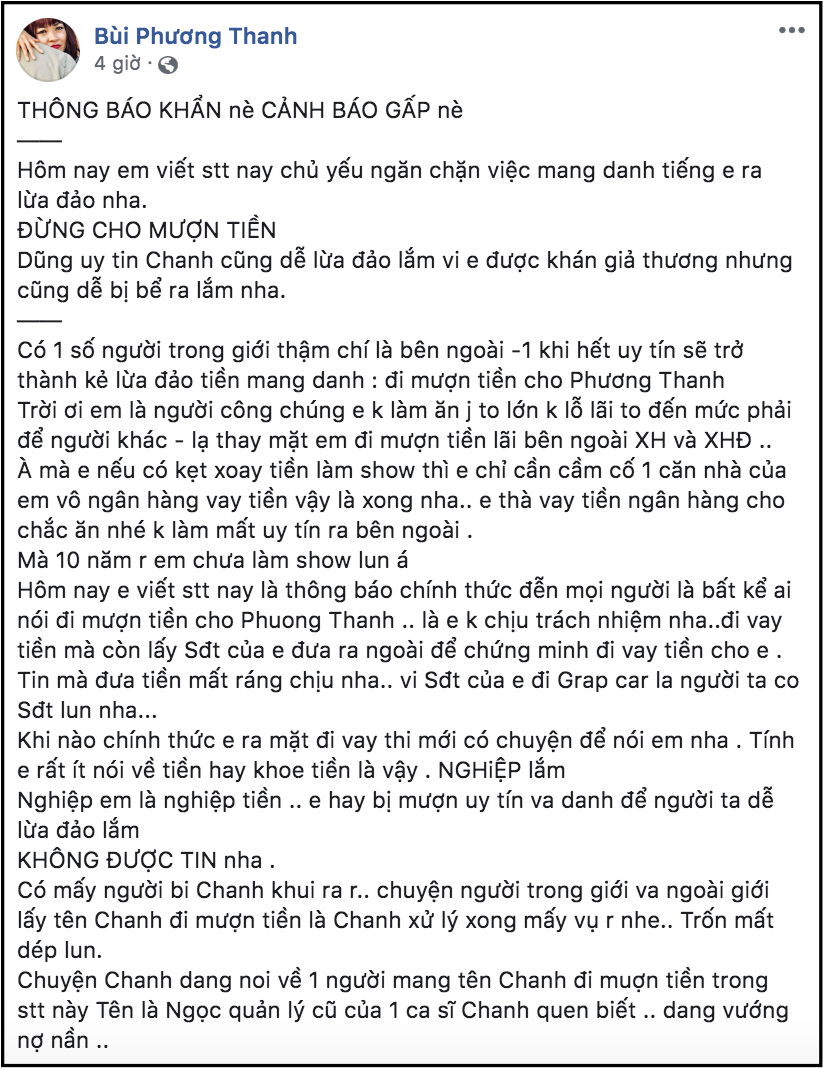 Phương Thanh bức xúc lên tiếng khi bị người quen lợi dụng tên tuổi đi lừa đảo - Ảnh 1. Phương Thanh bức xúc lên tiếng khi bị người quen lợi dụng tên tuổi đi lừa đảo - Ảnh 1.