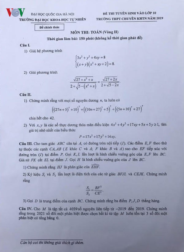 ​Đề thi môn Toán vào lớp 10 trường chuyên Khoa học Tự nhiên - Ảnh 1.