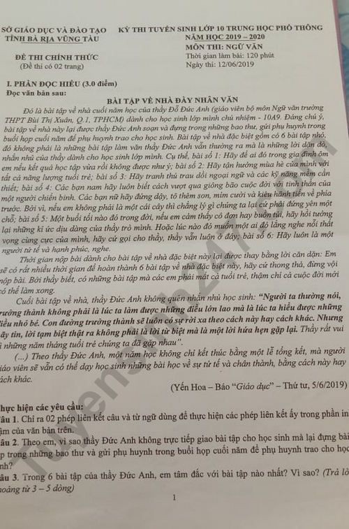 Đề thi môn Văn vào lớp 10 ở Bà Rịa - Vũng Tàu xuất hiện bài tập về nhà của thầy Đức Anh gây bão dư luận vừa qua - Ảnh 1.