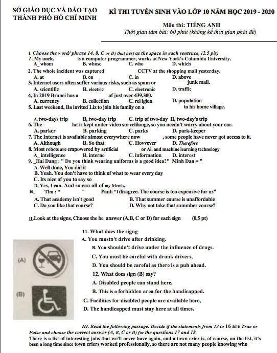 Đáp án môn Tiếng Anh vào lớp 10 TP HCM năm 2019 - Ảnh 2.