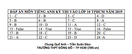 Đáp án môn Tiếng Anh vào lớp 10 TP HCM năm 2019 - Ảnh 1.