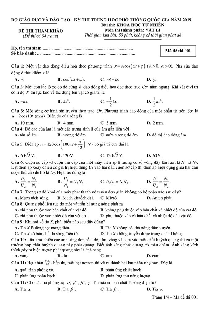 Đề thi tham khảo THPT Quốc gia 2019 tổ hợp Khoa học tự nhiên: Vật lý, Hoá học, Sinh học - Ảnh 1.