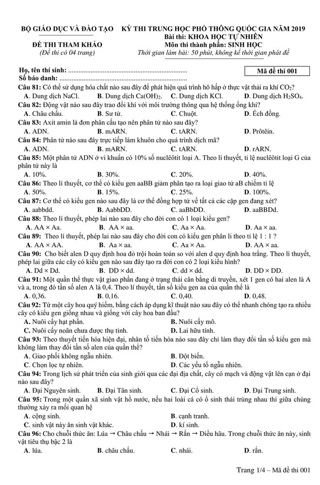 Đề thi tham khảo THPT Quốc gia 2019 tổ hợp Khoa học tự nhiên: Vật lý, Hoá học, Sinh học - Ảnh 11.