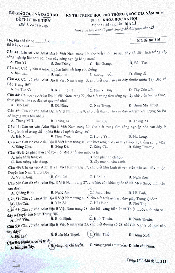 Đề thi môn Địa lý THPT quốc gia 2019 - Ảnh 1.