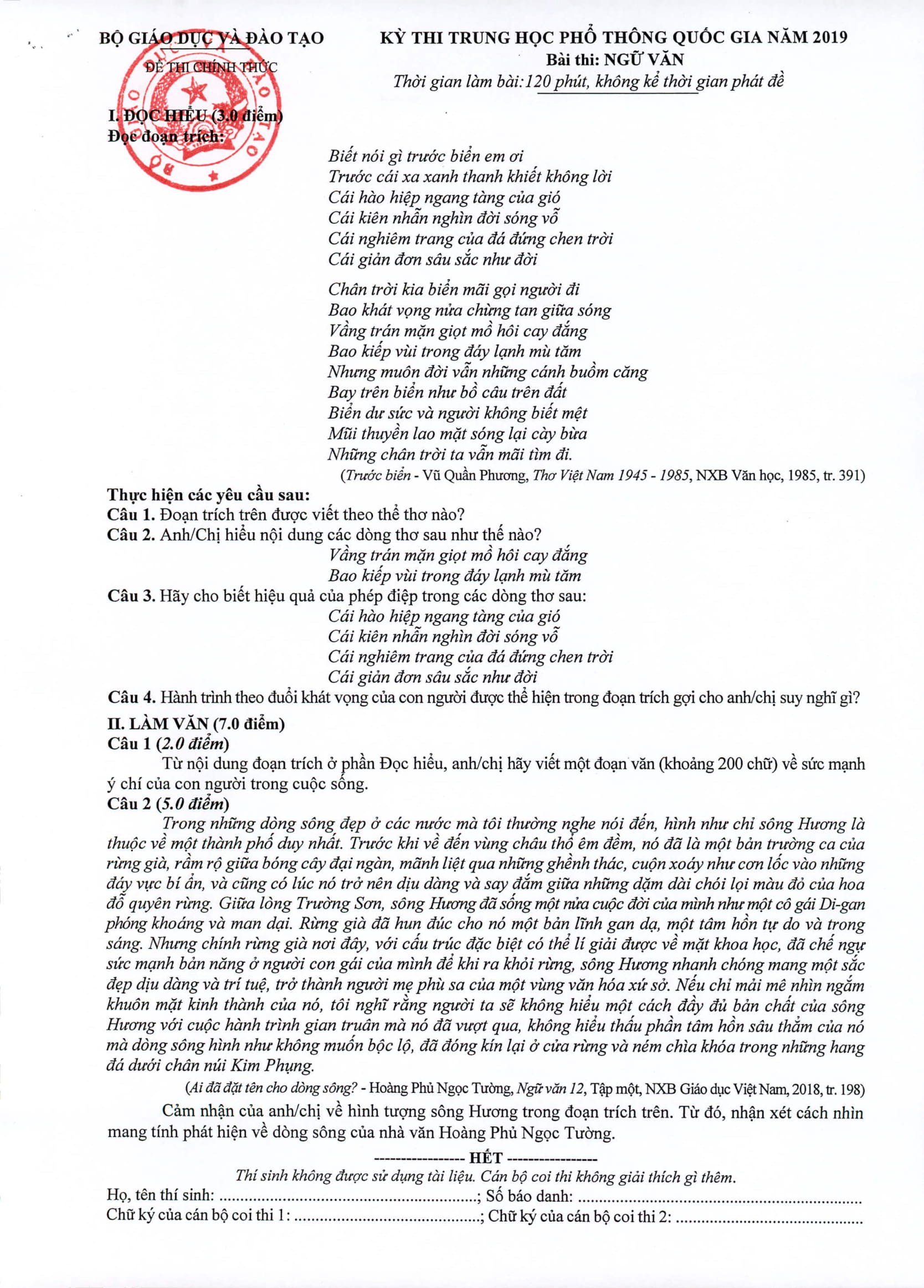 Đ&aacute;p &aacute;n m&ocirc;n Ngữ Văn THPT quốc gia 2019 ch&iacute;nh thức từ Bộ GD&ĐT - Ảnh 1.