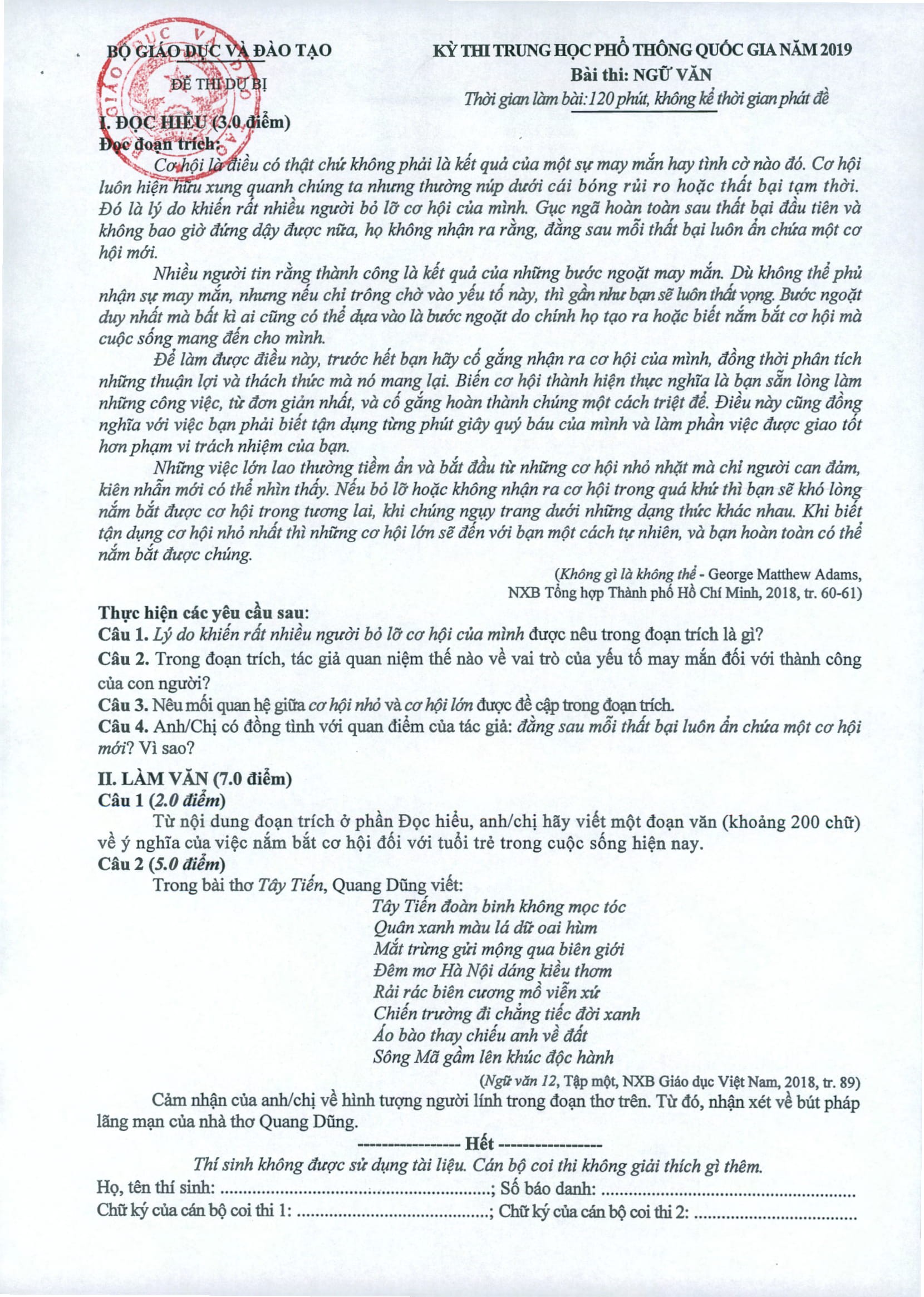 Đ&aacute;p &aacute;n m&ocirc;n Ngữ Văn THPT quốc gia 2019 ch&iacute;nh thức từ Bộ GD&ĐT - Ảnh 4.