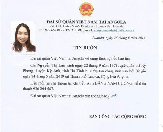  Một nữ lao động Việt bị cướp sát hại khi đang cầm túi tiền tại Angola  - Ảnh 1.