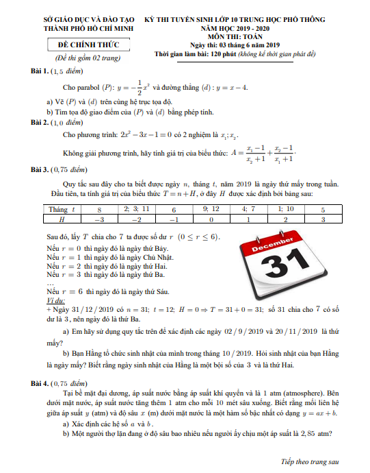 Đáp án chính thức môn Toán thi vào lớp 10 năm 2019 của Sở GD-ĐT TPHCM - Ảnh 1.
