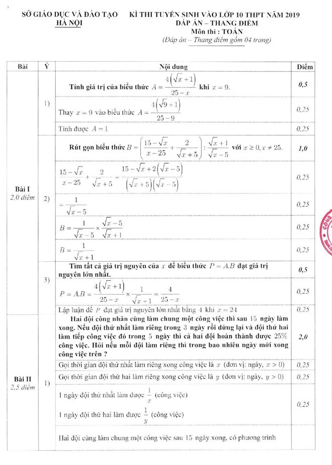 Đáp án chính thức các môn thi vào lớp 10 năm 2019 của Sở GD&ĐT Hà Nội - Ảnh 1.