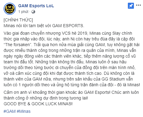 Sau rất nhiều đồn đoán, cuối cùng GAM Esports cũng xác nhận chia tay Minas - Ảnh 1.