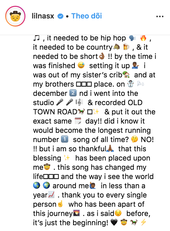 Ăn mừng Old Town Road lập kỷ lục lịch sử, Lil Nas X viết bài cảm ơn đậm chất trẻ trâu, đọc hoa mắt vì toàn emoji - Ảnh 4.