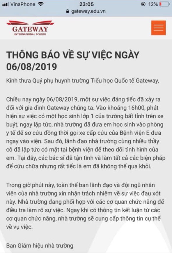 Trường Gateway bổ sung thêm nội dung vào TCBC: Chính thức xin lỗi gia đình học sinh lớp 1 tử vong do bị bỏ quên trên xe đưa đón - Ảnh 2.