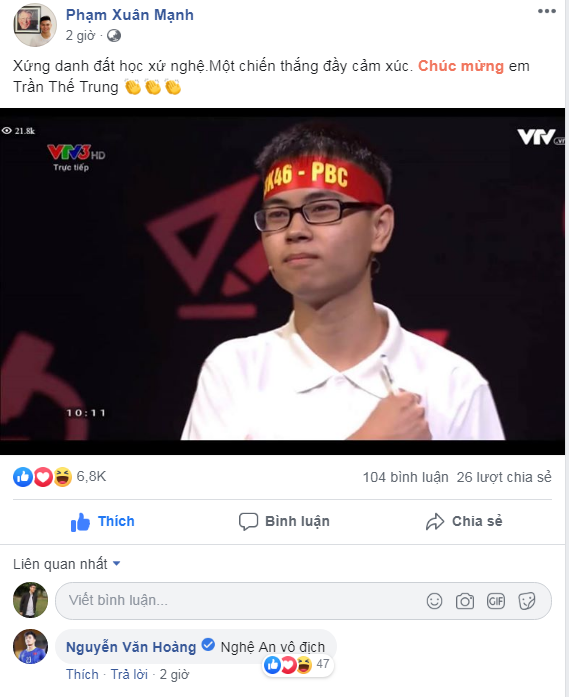 Trọng Hoàng, Xuân Mạnh bày tỏ niềm tự hào khi chứng kiến thí sinh người Nghệ An đoạt ngôi quán quân Olympia 2019 - Ảnh 2.