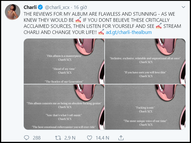 Thánh tự luyến Charli XCX: Hết xưng là “đấng cứu thế” của nền nhạc Pop, giờ lại tự khen ngất trời album của chính mình - Ảnh 6.