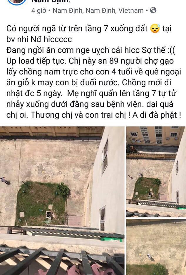 Mẹ nhảy lầu tự tử khi đưa con 4 tuổi đuối nước vào bệnh viện Nhi Nam Định cấp cứu - Ảnh 1.