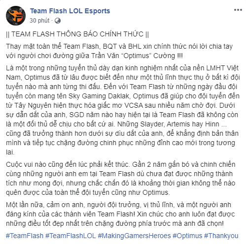 Chính thức: Thủ lĩnh Optimus bất ngờ chia tay Team Flash sau khi lỡ hẹn với CKTG 2019 - Ảnh 2.