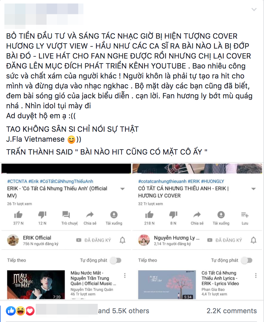 Ồn &agrave;o cực căng: Bị l&ecirc;n &aacute;n cover kiếm tiền b&agrave;i h&aacute;t nghệ sĩ mới ph&aacute;t h&agrave;nh v&agrave;i ng&agrave;y, đại diện Hương Ly tiết lộ tin nhắn của Erik g&acirc;y hoang mang - Ảnh 4.