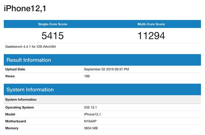 iPhone 11 lộ điểm sức mạnh cấu hình, xác nhận RAM 4GB và chip xử lý 6 nhân - Ảnh 1.