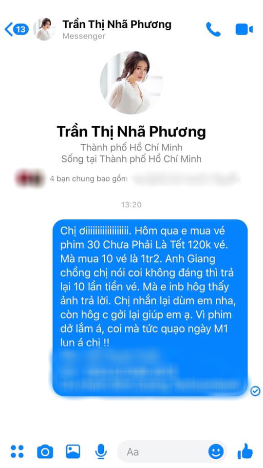 Nhắn tin đòi Nhã Phương hoàn tiền vé 30 Chưa Phải Tết, netizen tranh cãi nảy lửa - Ảnh 3.