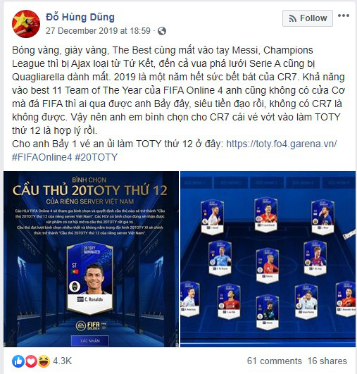 Có Văn Toàn, Hùng Dũng kêu gọi bình chọn, Ronaldo trở thành cầu thủ thứ 12 trong Team of The Year FIFA Online 4 - Ảnh 2.