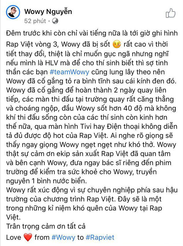 Wowy bị sốt cao đến mức phải truyền nước biển trước giờ ghi hình vòng 3 Rap Việt - Ảnh 1.