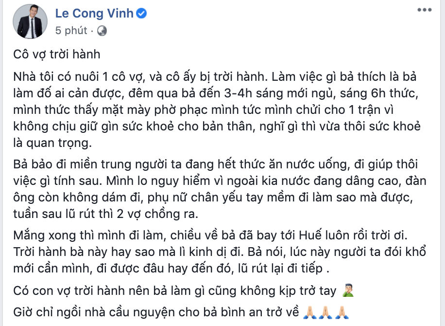 Cong Vinh was concerned when Thuy Tien went to the floodplain to help people in the central region: now, he sits at home praying for his safe return - Photo 1.