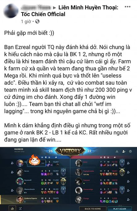 Game thủ Việt đặt nghi vấn Tốc Chiến đã có hack lag cực khủng, cả team địch bất động rồi thua luôn! - Ảnh 2.