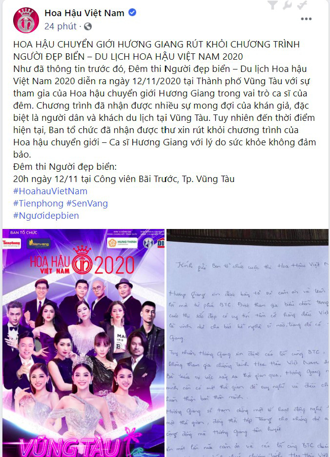 Huong Giang apologizes by hand, officially withdrawing from the Miss Vietnam 2020 program after he was asked by antifan to boycott - Photo 2.