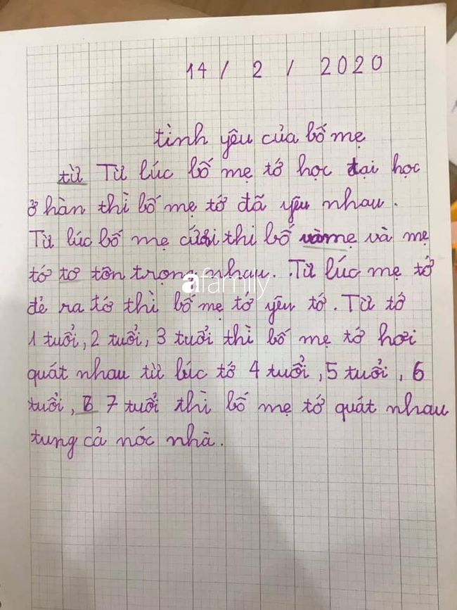 Bảo con viết về chủ đề tình yêu nhân Ngày Valentine, con gái học lớp 1 tả khiến mẹ cười té ghế: Bố mẹ tớ quát nhau tung cả nóc nhà - Ảnh 1.