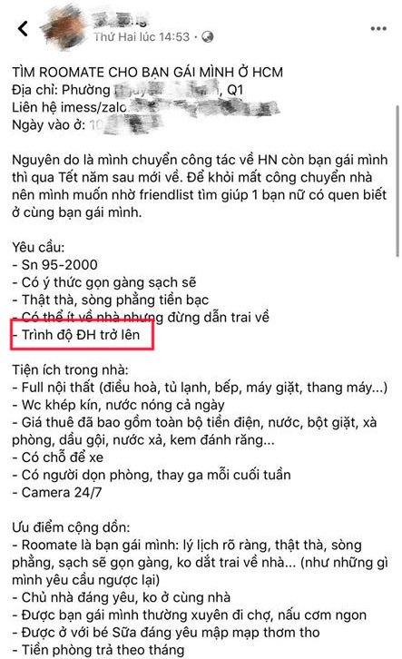 Nam thanh niên tìm người ở ghép để chia tiền phòng cho bạn gái nhưng lại yêu cầu có bằng Đại học trở lên khiến nhiều người tranh cãi - Ảnh 1.