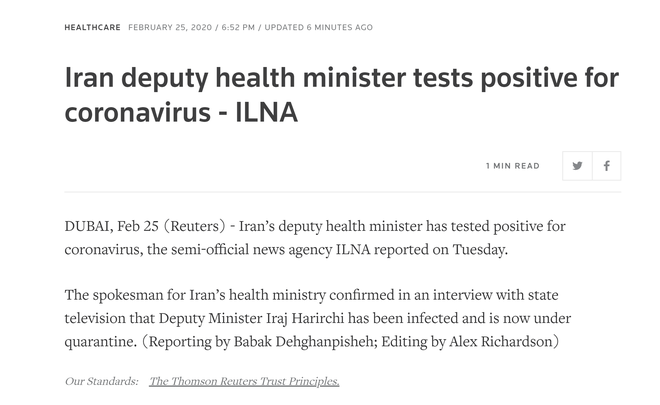  Reuters: Thứ trưởng Y tế Iran có kết quả xét nghiệm dương tính với virus corona chủng mới - Ảnh 2.