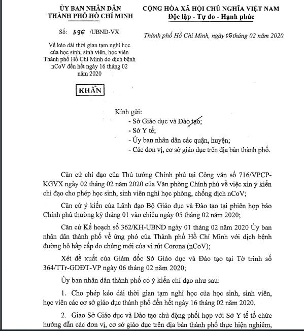 Nóng: TP.HCM chính thức cho học sinh nghỉ học thêm 1 tuần đến hết ngày 16/2 - Ảnh 1.