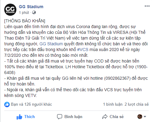 GG Stadium thông báo không cho khán giả vào xem trực tiếp VCS Mùa Xuân, hoàn tiền vé 100% - Ảnh 1.