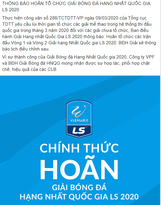 Giải Hạng Nhất Quốc gia chính thức hoãn vì dịch Covid-19, V.League 2020 lo chạy từng vòng - Ảnh 1.