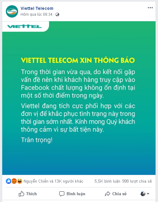Viettel v&agrave; VNPT đăng th&ocirc;ng b&aacute;o xin lỗi người d&ugrave;ng về việc truy cập Facebook kh&ocirc;ng ổn định - Ảnh 1.