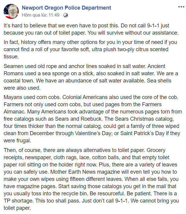 Cảnh sát Mỹ hướng dẫn tự chế giấy toilet vì người dân cứ gọi 911 để báo cáo... hết giấy vệ sinh - Ảnh 1.