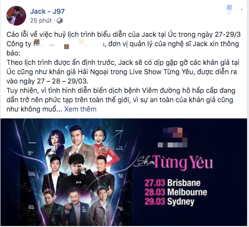 Jack và Hiền Hồ đồng loạt thông báo hủy show diễn tại Úc vì diễn biến phức tạp của đại dịch COVID-19 - Ảnh 1.