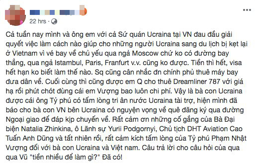 Tỷ phú Phạm Nhật Vượng thuê nguyên chiếc Boeing 787 Dreamliner đưa người Ukraine tại Việt Nam về nước giữa dịch Covid-19 - Ảnh 2.