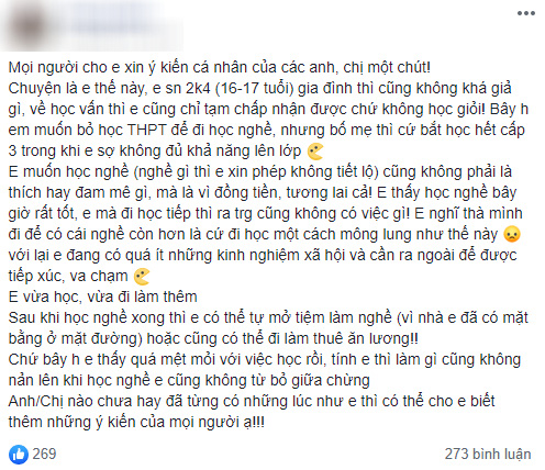 Muốn bỏ học cấp 3 để đi học nghề, nam sinh 16 tuổi bị mắng tới tấp: Bằng THPT là thứ cơ bản nhất, chớ vội đua đòi ra đời sớm - Ảnh 1.