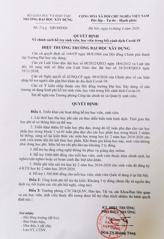 Đại học Xây dựng hỗ trợ sinh viên 5 tỷ, lùi thời hạn thu học phí do dịch Covid-19 - Ảnh 1.