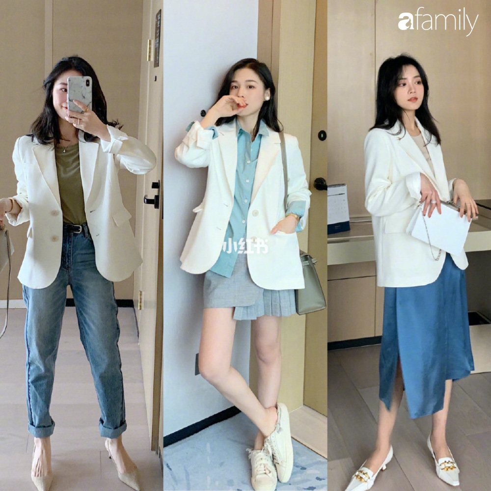 Tranh thủ ở nhà dọn tủ quần áo, cô nàng này trổ tài kết hợp blazer trắng theo 12 cách cực kỳ thú vị - Ảnh 1.