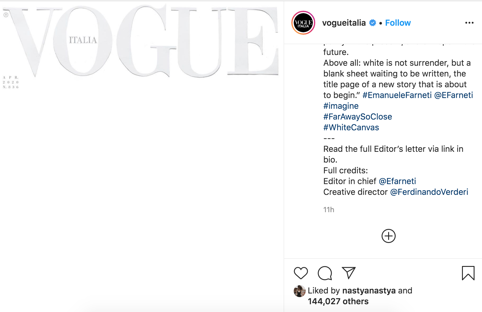 Sốc: Tạp chí Vogue Ý để trang bìa trắng tinh - trống trơn, chuyện gì đang xảy ra? - Ảnh 2.