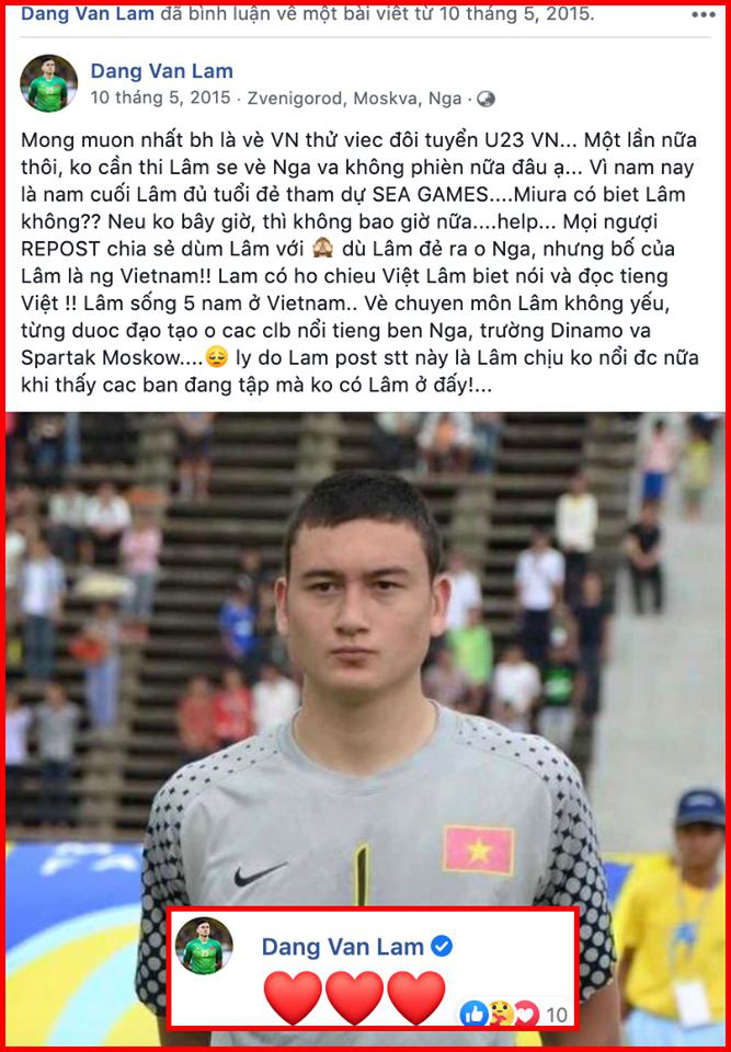 Status lịch sử của Văn Lâm được dân
mạng đào lại, chính chủ vào... tự thả tim cho sự dũng cảm của mình - Ảnh 1. Status lịch sử của Văn Lâm được dân mạng đào
lại, chính chủ vào... tự thả tim cho sự dũng cảm của mình - Ảnh 1.