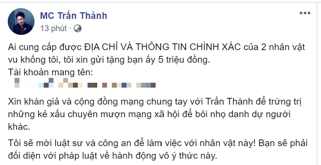 Trấn Thành tìm ra danh tính và treo thưởng 5 triệu cho người tìm ra địa chỉ cụ thể kẻ tung tin đồn: Người trong cuộc lên tiếng giải thích nhưng có hợp lí? - Ảnh 2.