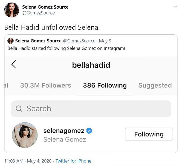 Pha xử l&yacute; cồng kềnh của Bella Hadid: Follow v&agrave; unfollow Selena Gomez c&ugrave;ng 1 ng&agrave;y, khi l&agrave; t&igrave;nh địch, m&atilde;i m&atilde;i kh&ocirc;ng ưa? - Ảnh 3.