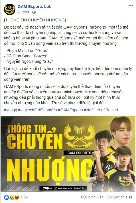 Vừa vào nửa mùa đã đi, GAM Esports đăng tin tìm bến đỗ mới cho Ma Vương Zeros - Ảnh 1.