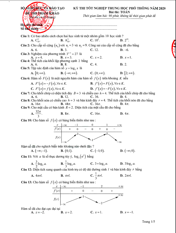 Đề thi tham khảo kỳ thi tốt nghiệp THPT năm 2020 môn Toán - Ảnh 1.